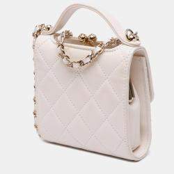 Chanel Ivory Lambskin CC Quilted Mini Kiss Lock Frame Top Handle Clutch Bag with Chain