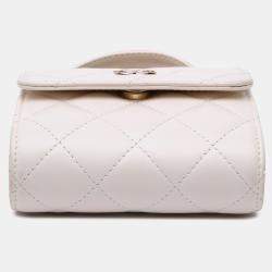 Chanel Ivory Lambskin CC Quilted Mini Kiss Lock Frame Top Handle Clutch Bag with Chain