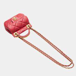 Chanel Red Calfskin Quilted Lady Card Holder Top Handle Bag with Chain