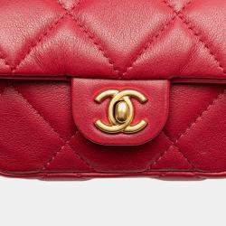 Chanel Red Calfskin Quilted Lady Card Holder Top Handle Bag with Chain