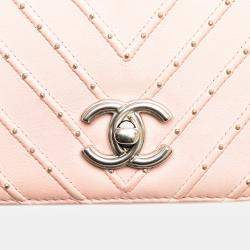 Pre Owned Chanel Pink Chevron Calfskin Studded Full Flap