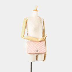 Pre Owned Chanel Pink Chevron Calfskin Studded Full Flap