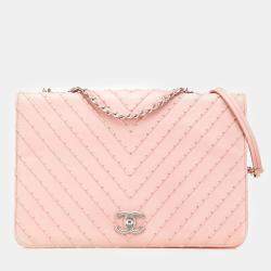 Pre Owned Chanel Pink Chevron Calfskin Studded Full Flap