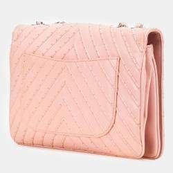 Pre Owned Chanel Pink Chevron Calfskin Studded Full Flap