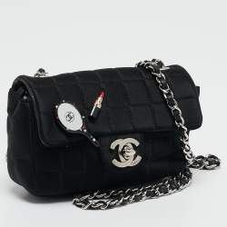 Pre Owned Chanel Black Square Quilted Satin Lipstick Charm Mini Flap Bag