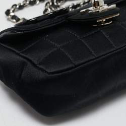 Pre Owned Chanel Black Square Quilted Satin Lipstick Charm Mini Flap Bag