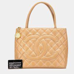 Pre Owned Chanel Beige Caviar Leather Medallion Tote Bag