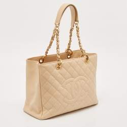 Pre Owned Chanel Beige Quilted Caviar Leather GST Tote