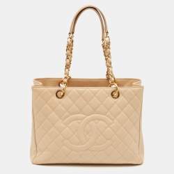 Pre Owned Chanel Beige Quilted Caviar Leather GST Tote