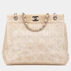 Pre Owned Chanel Beige Quilted Canvas Classic Chain Tote Bag