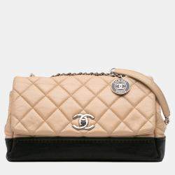 Pre Owned Chanel Beige/Black CC Bicolor Quilted Calfskin and Caviar Single Flap Bag
