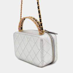 Chanel Silver Lambskin Top Handle Vanity Size Small