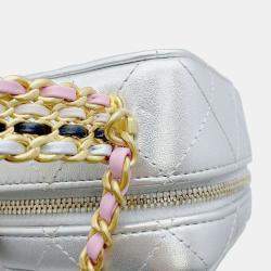 Chanel Silver Lambskin Top Handle Vanity Size Small