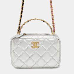 Chanel Silver Lambskin Top Handle Vanity Size Small