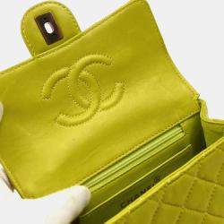 Pre Owned Chanel Light Green Lambskin Mini Classic Square Flap Shoulder Bag
