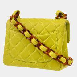 Pre Owned Chanel Light Green Lambskin Mini Classic Square Flap Shoulder Bag