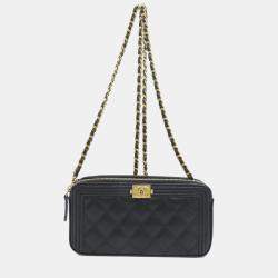 Chanel Black Caviar Leather Chain Wallet Boy Bag