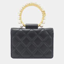 Chanel Black Leather Pearl Bracelet Chain Clutch Bag
