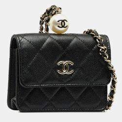 Chanel Black Caviar Leather Faux Pearl Coin Purse Shoulder Bag