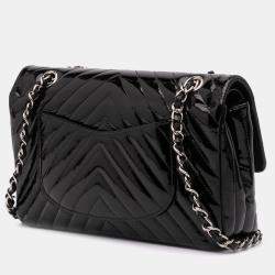 Pre Owned Chanel Black Medium Classic Chevron Patent Double Flap Bag