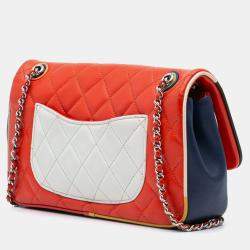 Pre Owned Chanel Navy Blue/Red Medium Quilted Lambskin Cuba Color Flap Bag