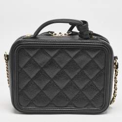 Pre Owned Chanel Black Quilted Caviar Leather Small CC Filigree Vanity Case Bag