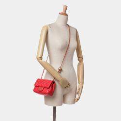 Pre Owned Chanel Red Mini Square Classic Lambskin Pearl Crush Single Flap Bag
