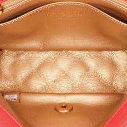 Pre Owned Chanel Red Mini Square Classic Lambskin Pearl Crush Single Flap Bag
