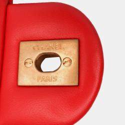 Pre Owned Chanel Red Mini Square Classic Lambskin Pearl Crush Single Flap Bag