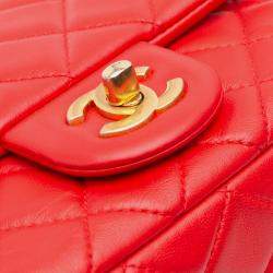 Pre Owned Chanel Red Mini Square Classic Lambskin Pearl Crush Single Flap Bag