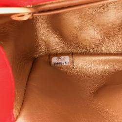 Pre Owned Chanel Red Mini Square Classic Lambskin Pearl Crush Single Flap Bag