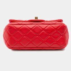 Pre Owned Chanel Red Mini Square Classic Lambskin Pearl Crush Single Flap Bag