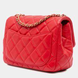 Pre Owned Chanel Red Mini Square Classic Lambskin Pearl Crush Single Flap Bag