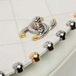 Pre Owned Chanel White Small Quilted Lambskin Studded Bubble Flap Bag