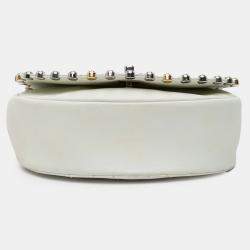 Pre Owned Chanel White Small Quilted Lambskin Studded Bubble Flap Bag