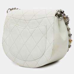 Pre Owned Chanel White Small Quilted Lambskin Studded Bubble Flap Bag