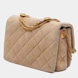 Pre Owned Chanel Beige Mini Quilted Velvet Precious Buttons Chain Flap Bag