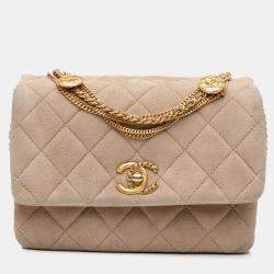 Pre Owned Chanel Beige Mini Quilted Velvet Precious Buttons Chain Flap Bag