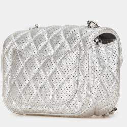 Pre Owned Chanel Silver Mini Perforated Lambskin Punch Flap