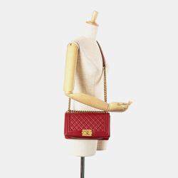 Pre Owned Chanel Red Lambskin Medium Boy Flap Bag