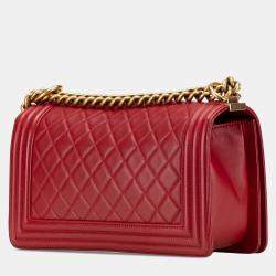 Pre Owned Chanel Red Lambskin Medium Boy Flap Bag