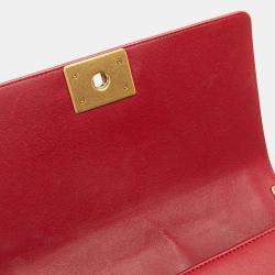 Pre Owned Chanel Red Lambskin Medium Boy Flap Bag