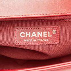 Pre Owned Chanel Red Lambskin Medium Boy Flap Bag