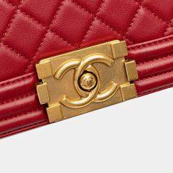 Pre Owned Chanel Red Lambskin Medium Boy Flap Bag