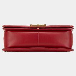 Pre Owned Chanel Red Lambskin Medium Boy Flap Bag