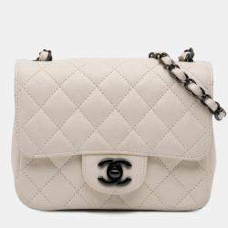 Pre Owned Chanel Ivory Leather Mini Square Classic Single Flap Bag