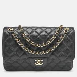 Pre Owned Chanel Black Quilted Caviar Leather Jumbo Classic Double Flap Bag