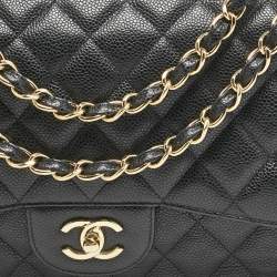 Pre Owned Chanel Black Quilted Caviar Leather Jumbo Classic Double Flap Bag
