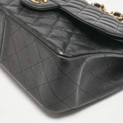 Pre Owned Chanel Black Quilted Caviar Leather Jumbo Classic Double Flap Bag