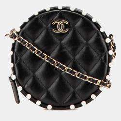 Chanel Black Quilted Calfskin Pearl Studded Round Clutch with Chain